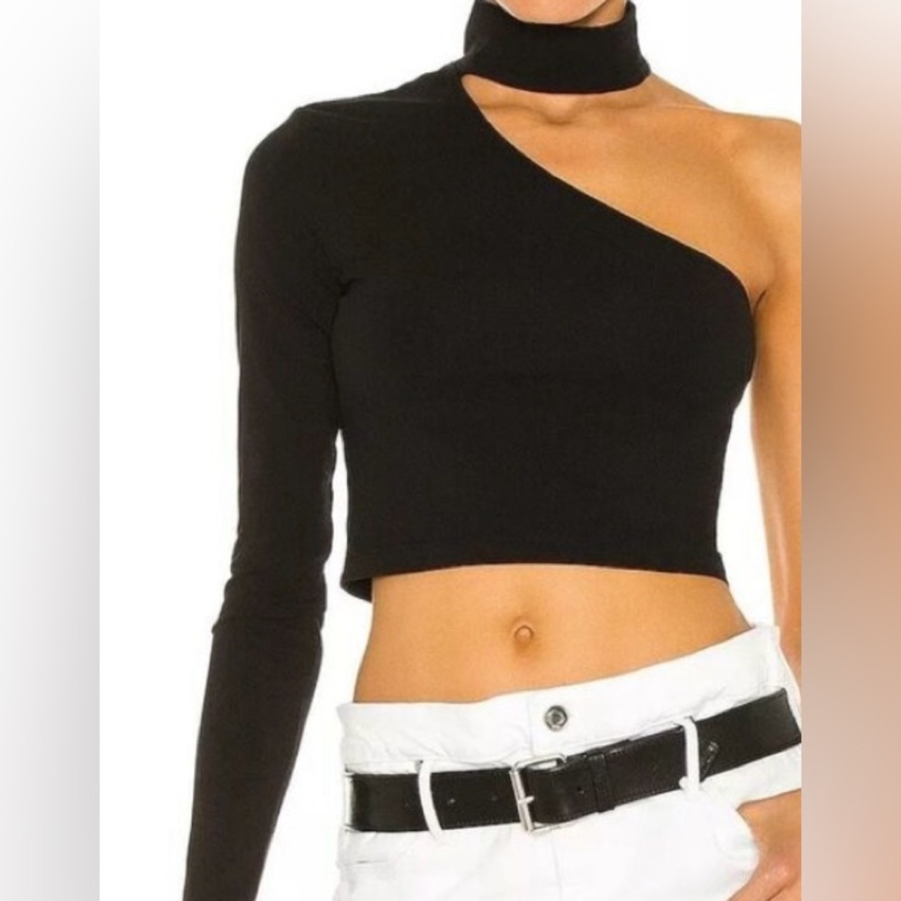 Cotton Citizen, One-Shoulder/one sleeve  Black Crop Top, stand-up neck, XS